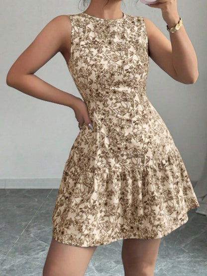 Bohemian Style French Elegance Floral Print Sleeveless Belted Short Dress