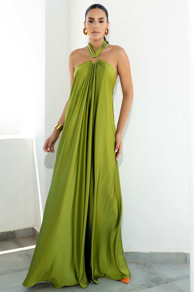 Halter Neck Metal Ring Gathered Pleat A-Line Maxi Dress