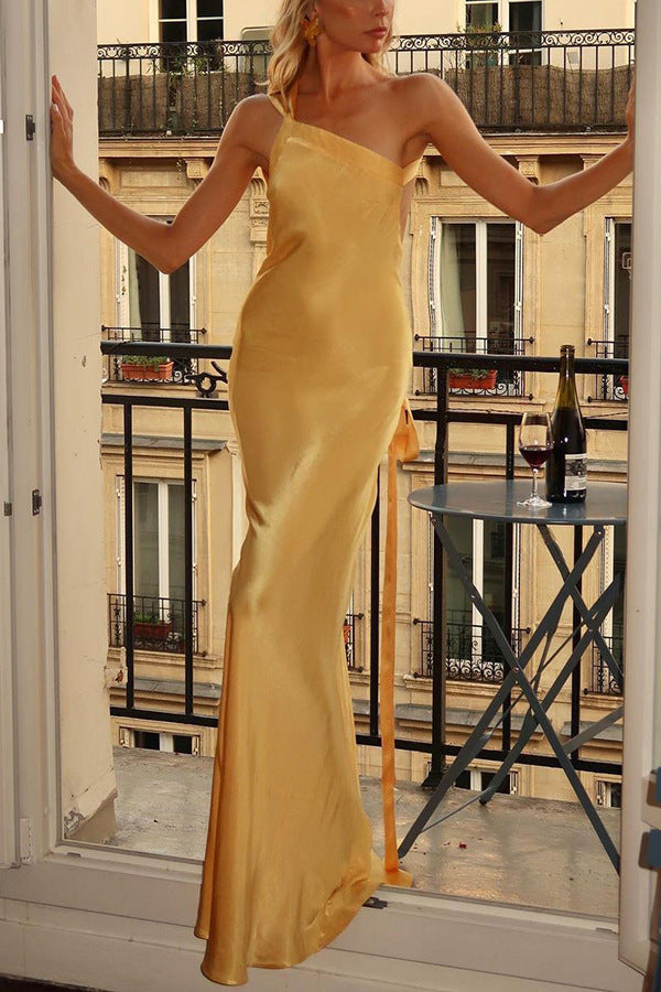 Zippered Single Shoulder Satin Maxi Dresses