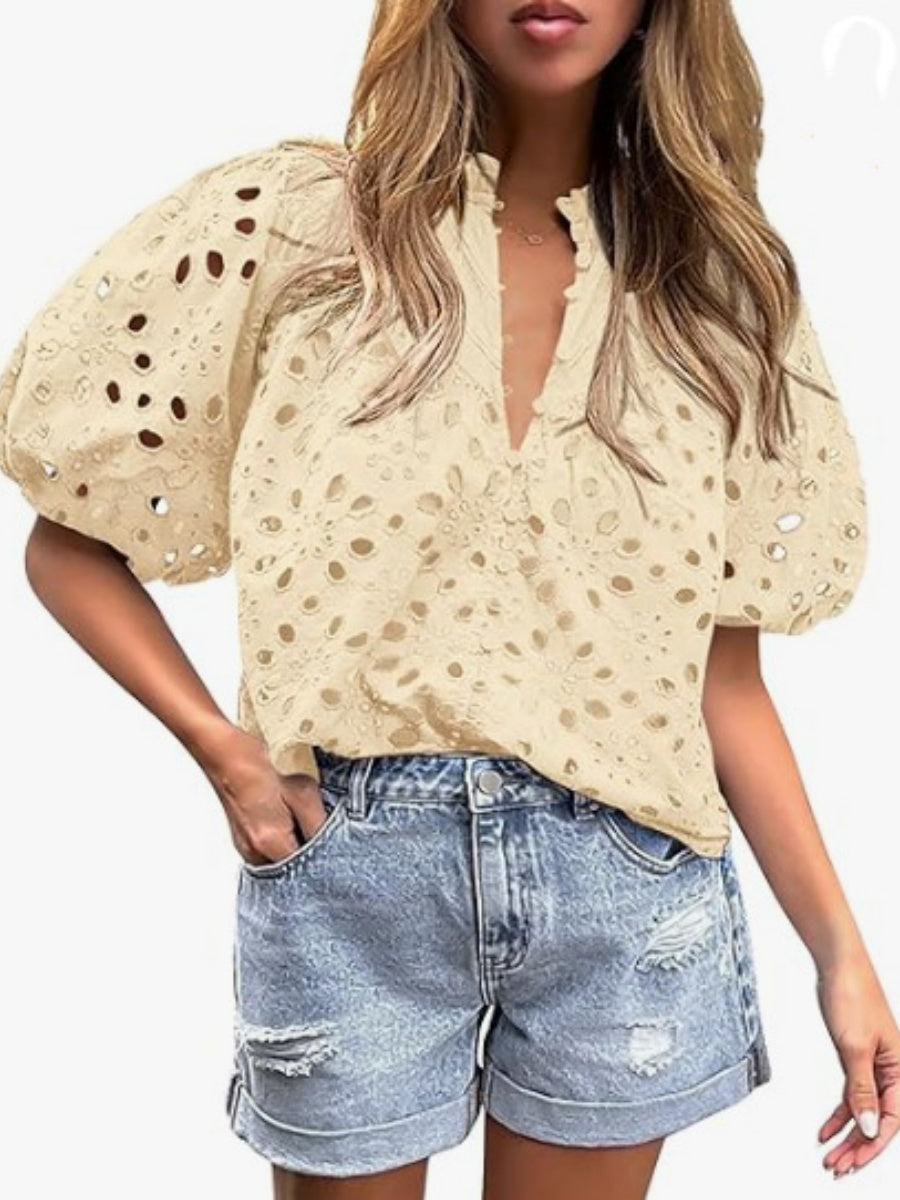 V-neck Buttons Hollow Lace Embroidery Shirts