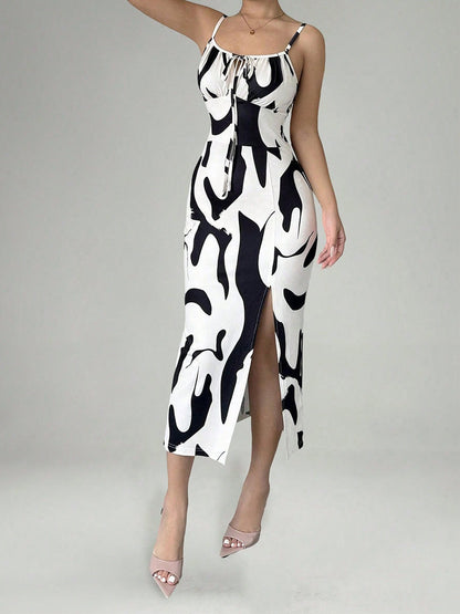 Zebra Print Sexy Vacation-style Slip Dress With Slit Midi Dress