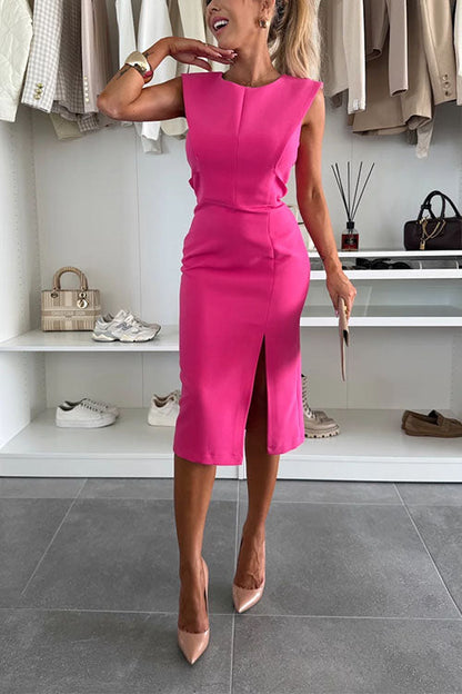 Margovil Crewneck Sleeveless Slit Bodycon Midi Dress