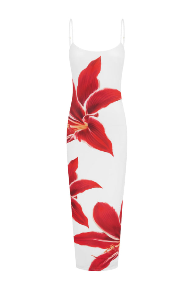 Spaghetti Strap Straight Neck Large Floral Graphic Print Bodycon Maxi Dress
