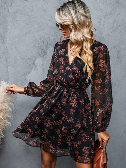 Printed Chiffon V-neck Sheer Long Sleeves Mini&Short Dresses