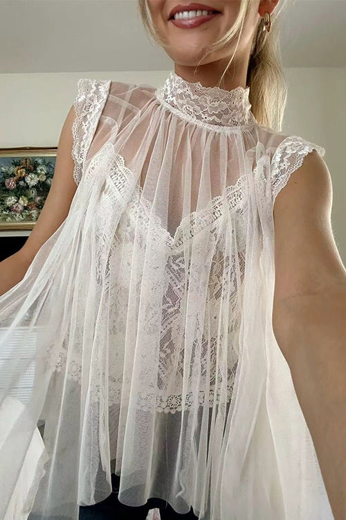 Solid Mockneck Tulle Cover Up Top with Crop Lace Camisole