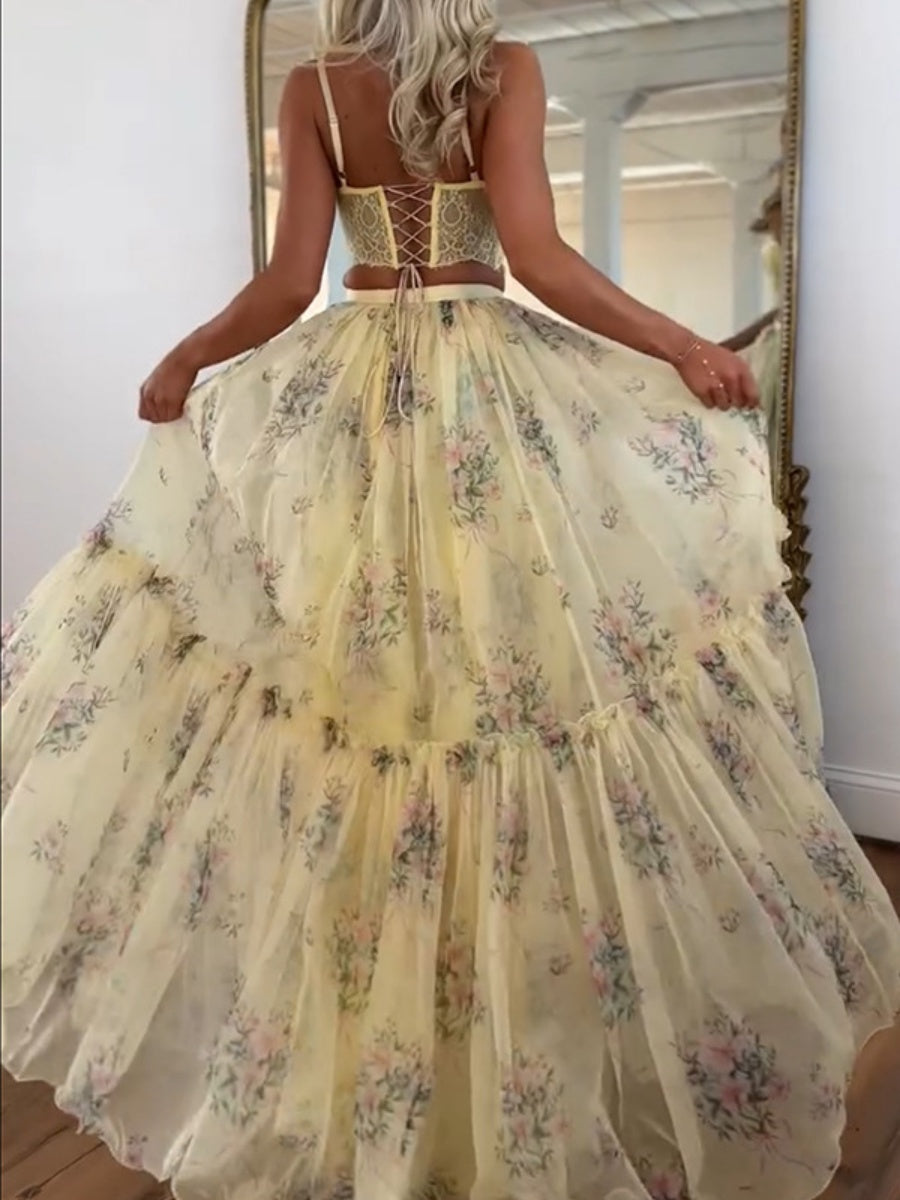 Floral Chiffon Elegant Midi Skirt Halter Neck Strap Set 2-piece Sets