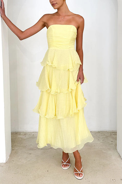 Margovil Strapless Empire Waist Ruffle Layered Maxi Dress