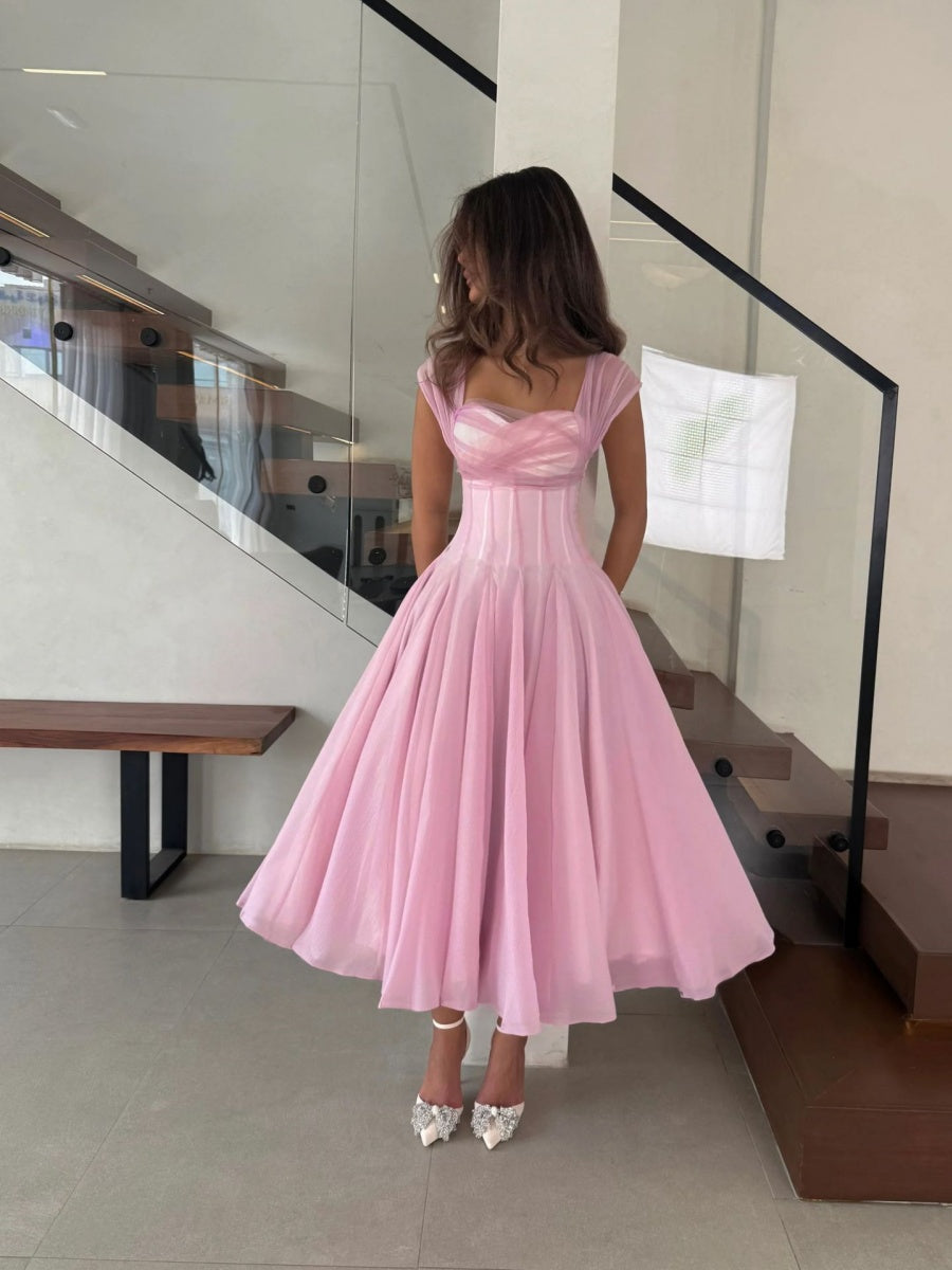 Mesh Splicing Waist Big Swing Maxi Dresses