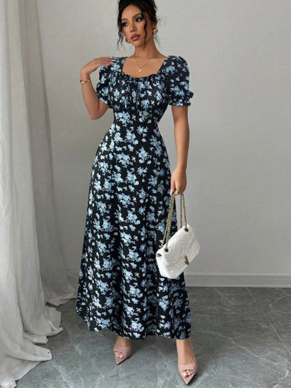 Floral Short Sleeve Square Collar Ruffle Vacation And Leisure Maxi Dresses