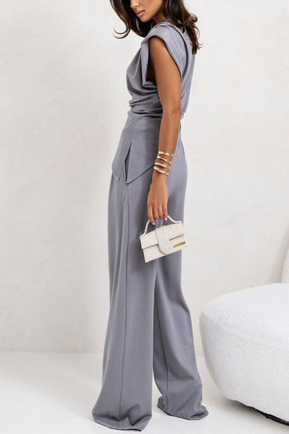Margovil Ruched Asymmetrical Top and Wide Leg Pants Set