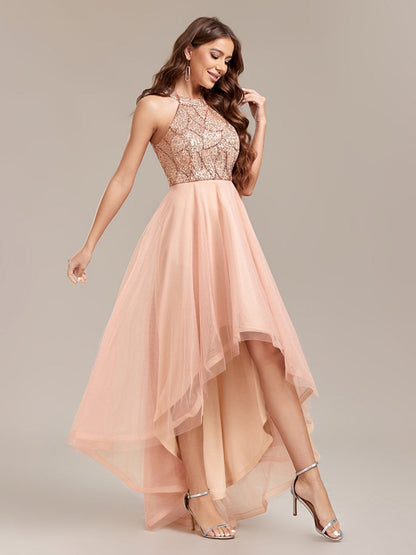 Halter Sequins Mesh Irregular Hem Formal Dress Maxi Dresses