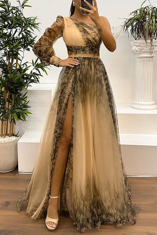 Margovil One Shoulder Long Sleeve High Waist Printed Mesh Slit Maxi Dress