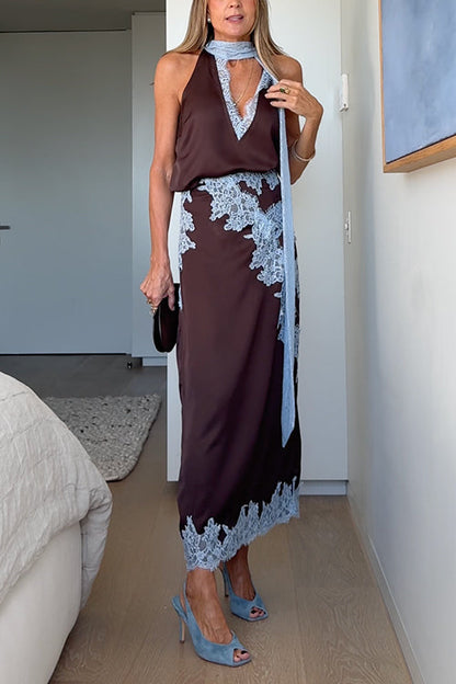 Chic Sleeveless V Neck Lace Trim Satin Top