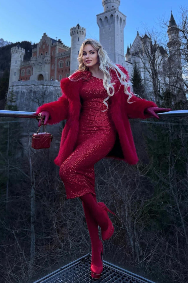One Shoulder Rosette Detail Long Sleeve Sequin Midi Dress