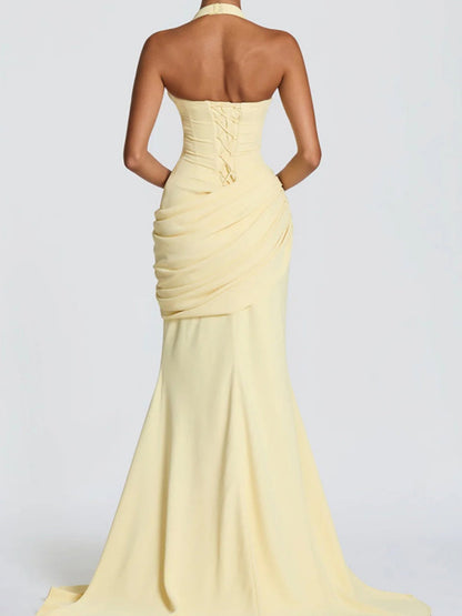 Deep V Halter Backless Mopping Maxi Dresses