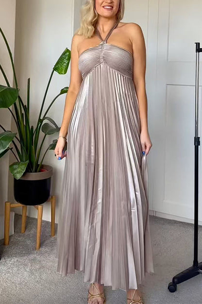 Halter Neck Pleated Metallic Maxi Dress