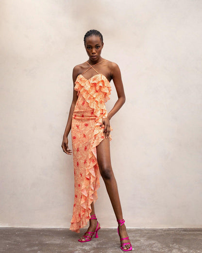 Wood Ear Cross Chiffon Floral High Slit Maxi Dresses