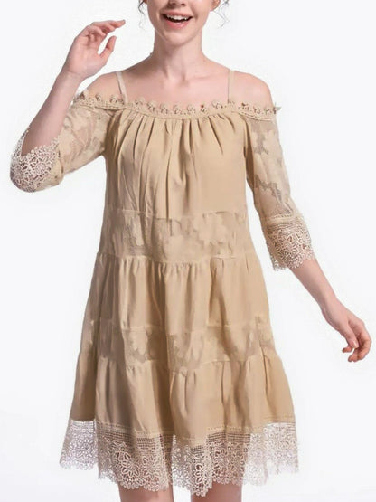 Lace Trim Hollow Out Splicing Spaghetti Strap Off-shoulder Mini&Short Dresses