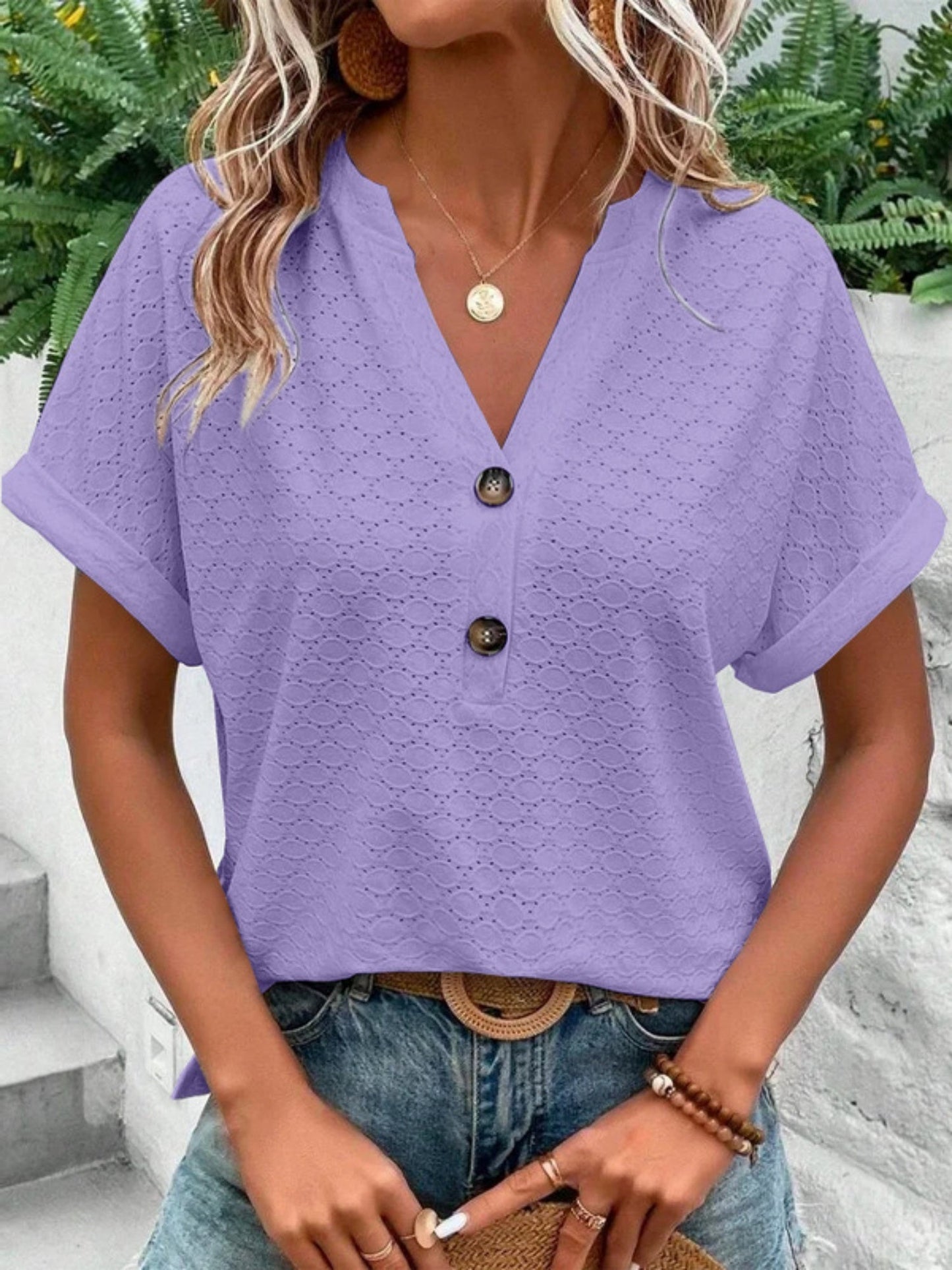 Knitting Buttons V-neck Short Sleeve T-shirts