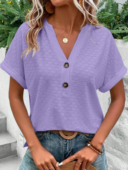 Knitting Buttons V-neck Short Sleeve T-shirts