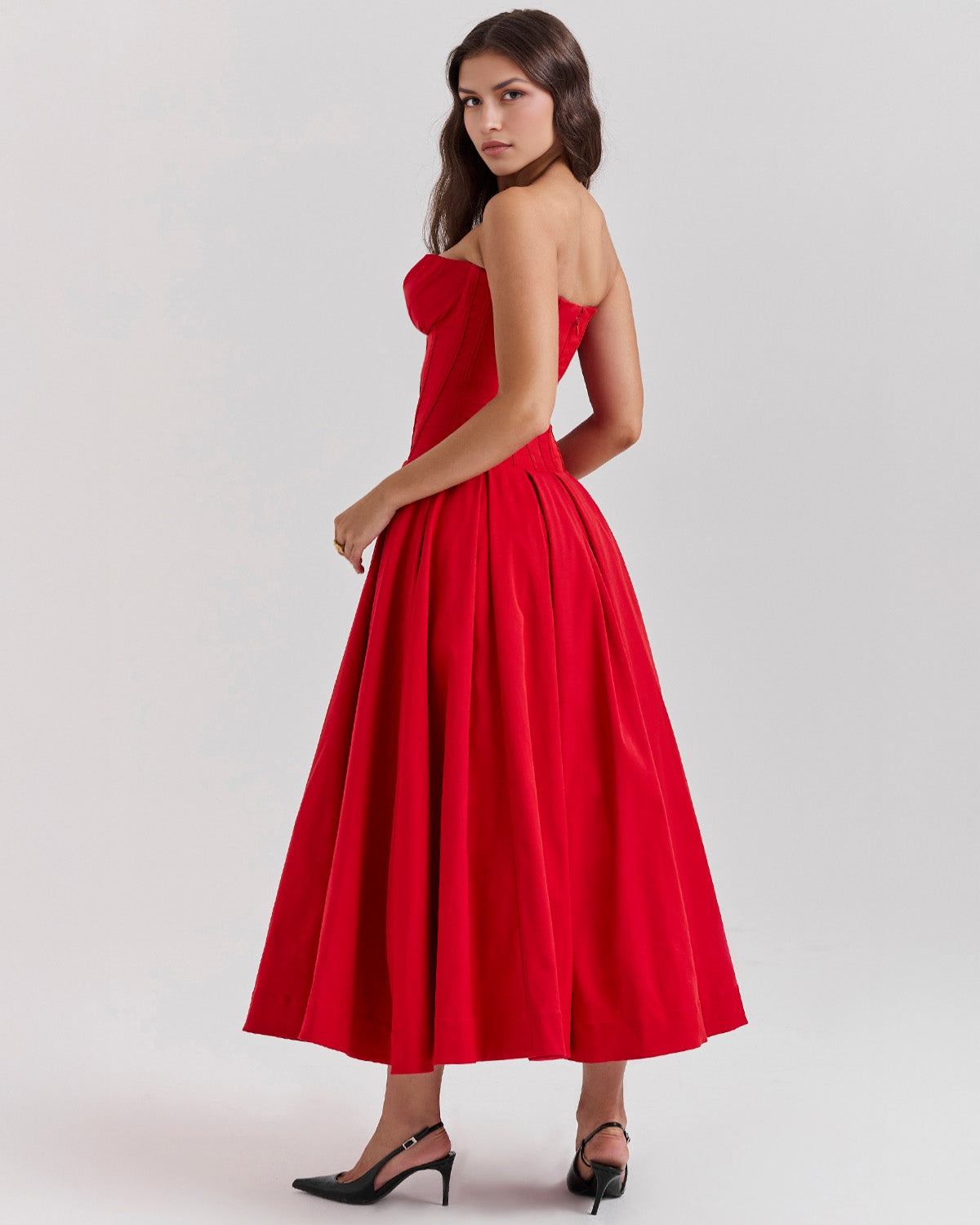 Strapless Pointed Sweetheart Corset Bodice Box Pleat A-Line Midi Dress