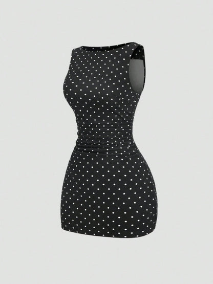 Polka Dots Sleeveless Waist Hip-hugging Mini&Short Dresses