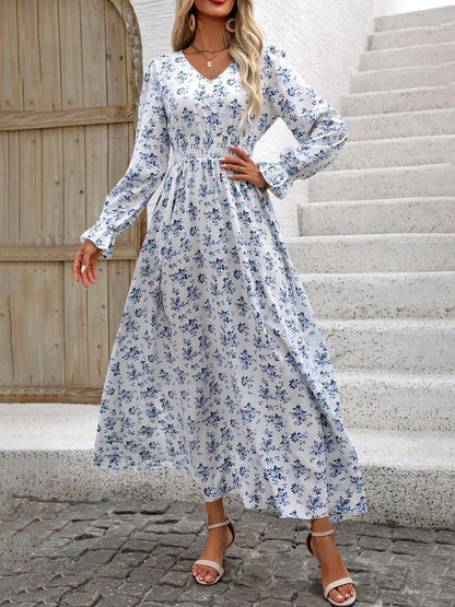 Floral Long Sleeve Square Collar Vacation And Leisure Maxi Dresses