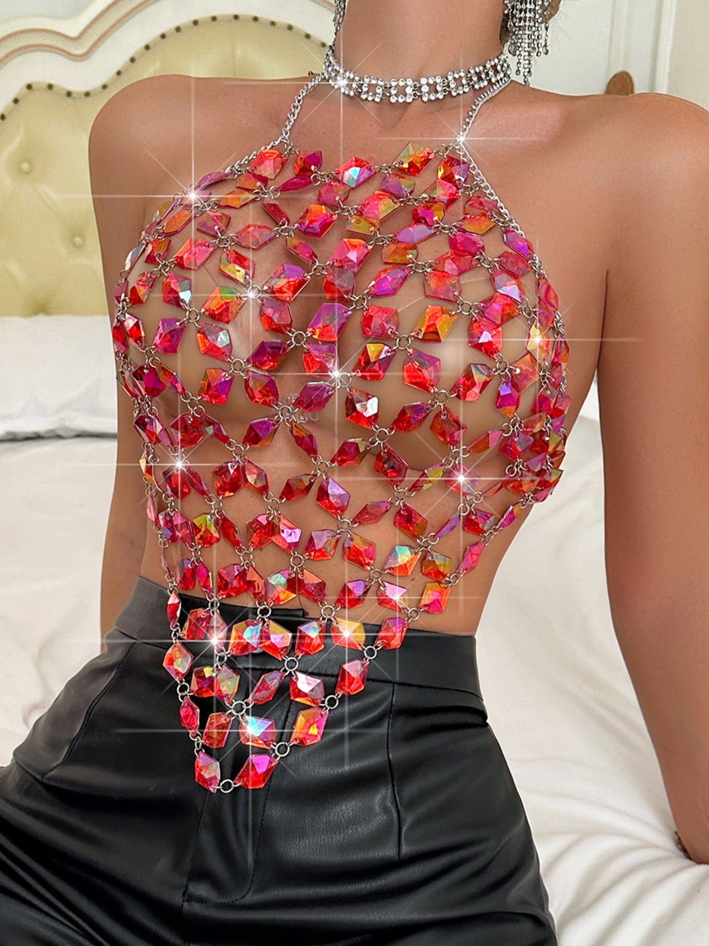 Diamond-studded Openwork Chain Splicing Halter Neck And Backless Tank Tops&Camis