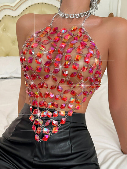 Diamond-studded Openwork Chain Splicing Halter Neck And Backless Tank Tops&Camis