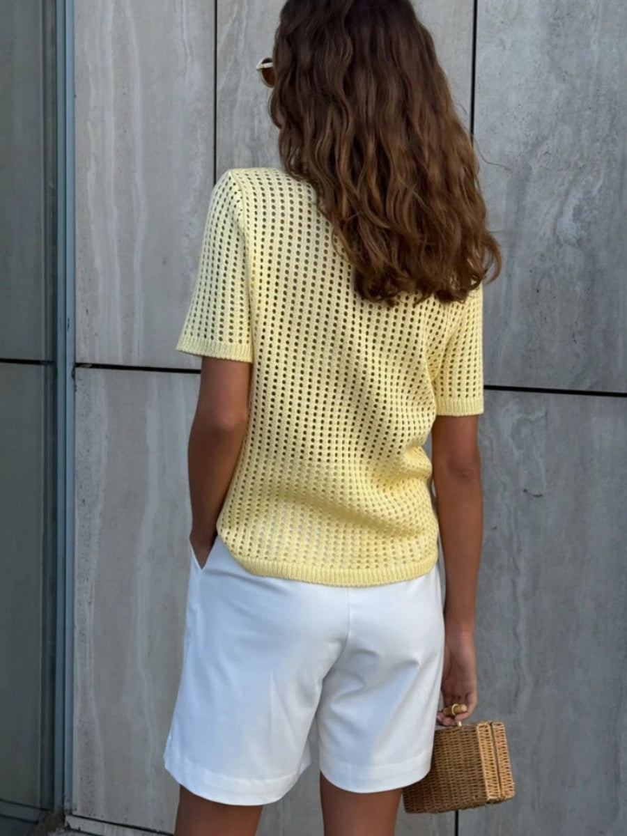Hollow Crochet Lapel Short Sleeve Knitwear T-shirts