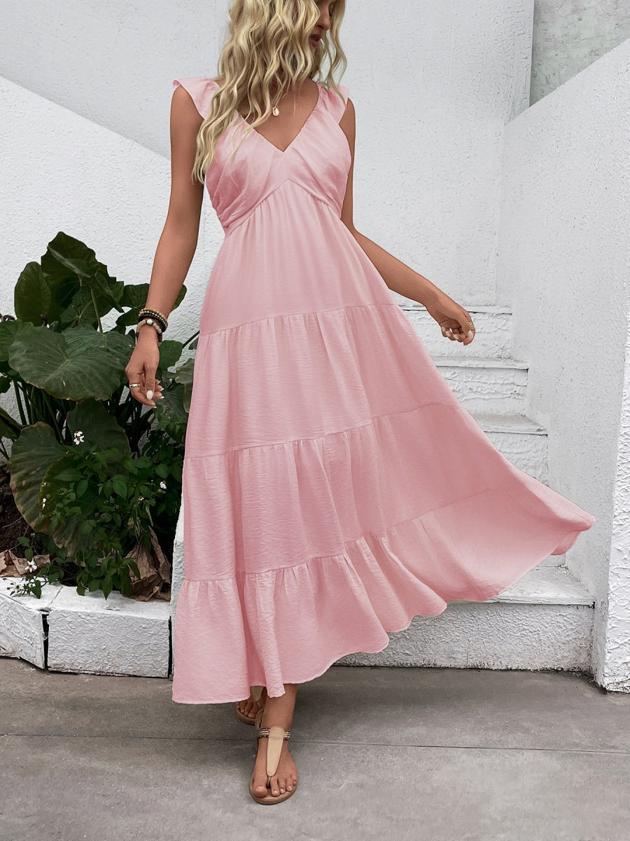 V-neck Pleats Comfort Gentle Maxi Dresses