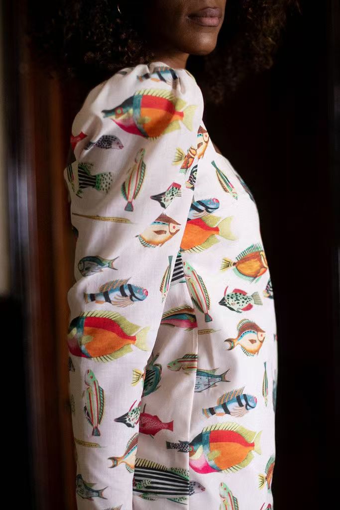 Fish Print Square Neck Puff Sleeve Bodycon Mini Dress