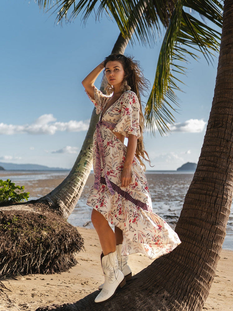 Deep V Neck Floral Print High Low Ruffle Lace Insert Maxi Dress