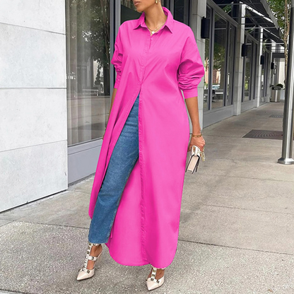 Oversized Collared Button-Front Side Slit Long Sleeve Maxi Shirt Dress