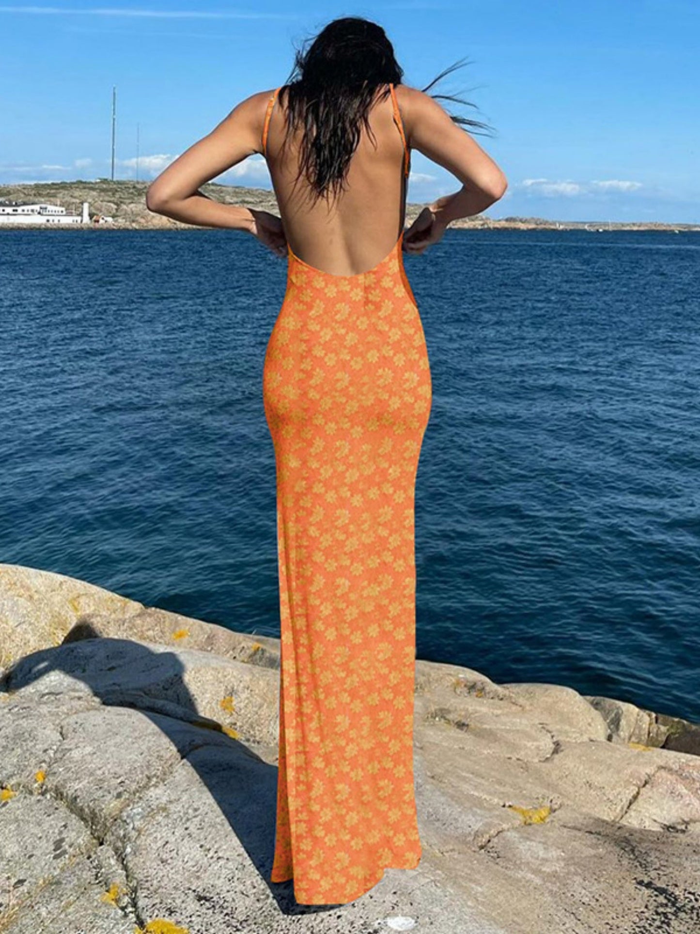 Floral Spaghetti Strap Backless Maxi Dresses