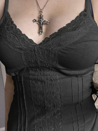 Deep V-neck Solid Color Lace Trim Split Camisole