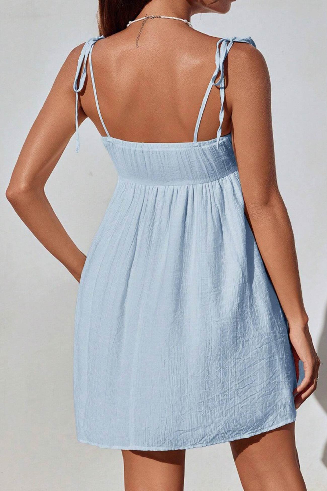 Tie Shoulder Sweetheart Crinkled Texture Babydoll Mini Dress