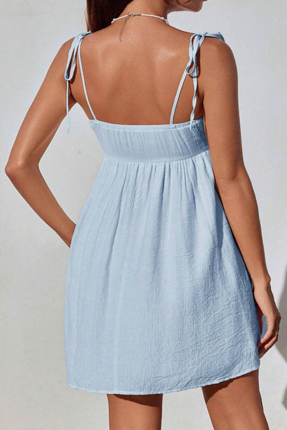 Tie Shoulder Sweetheart Crinkled Texture Babydoll Mini Dress