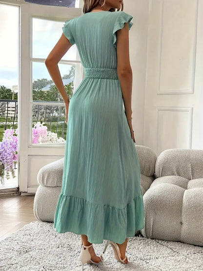 Solid Color Patchwork V-neck Long Dress