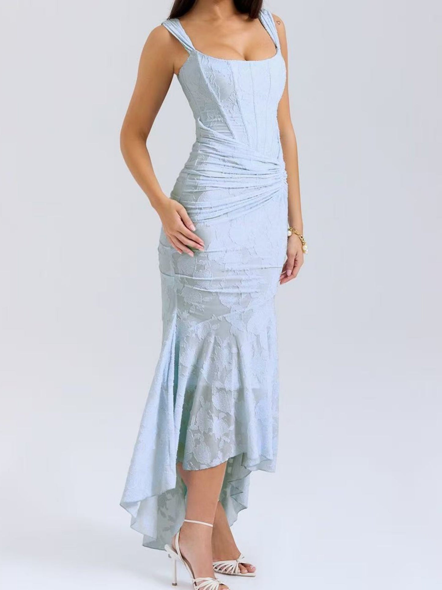Jacquard Print Pleated Waist Spaghetti Strap Backless Mermaid Tail Maxi Dresses