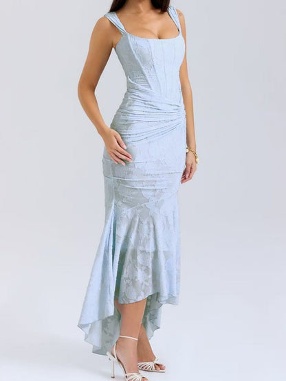 Jacquard Print Pleated Waist Spaghetti Strap Backless Mermaid Tail Maxi Dresses