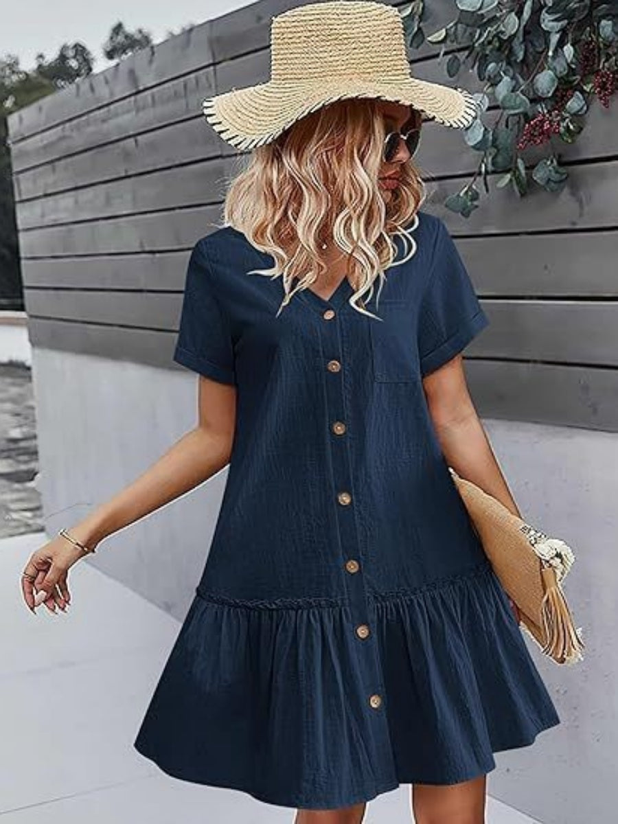 Single Row V-neck Loose-fit Short Sleeve Mini&Short Dresses