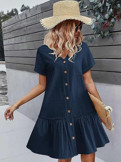 Single Row V-neck Loose-fit Short Sleeve Mini&Short Dresses