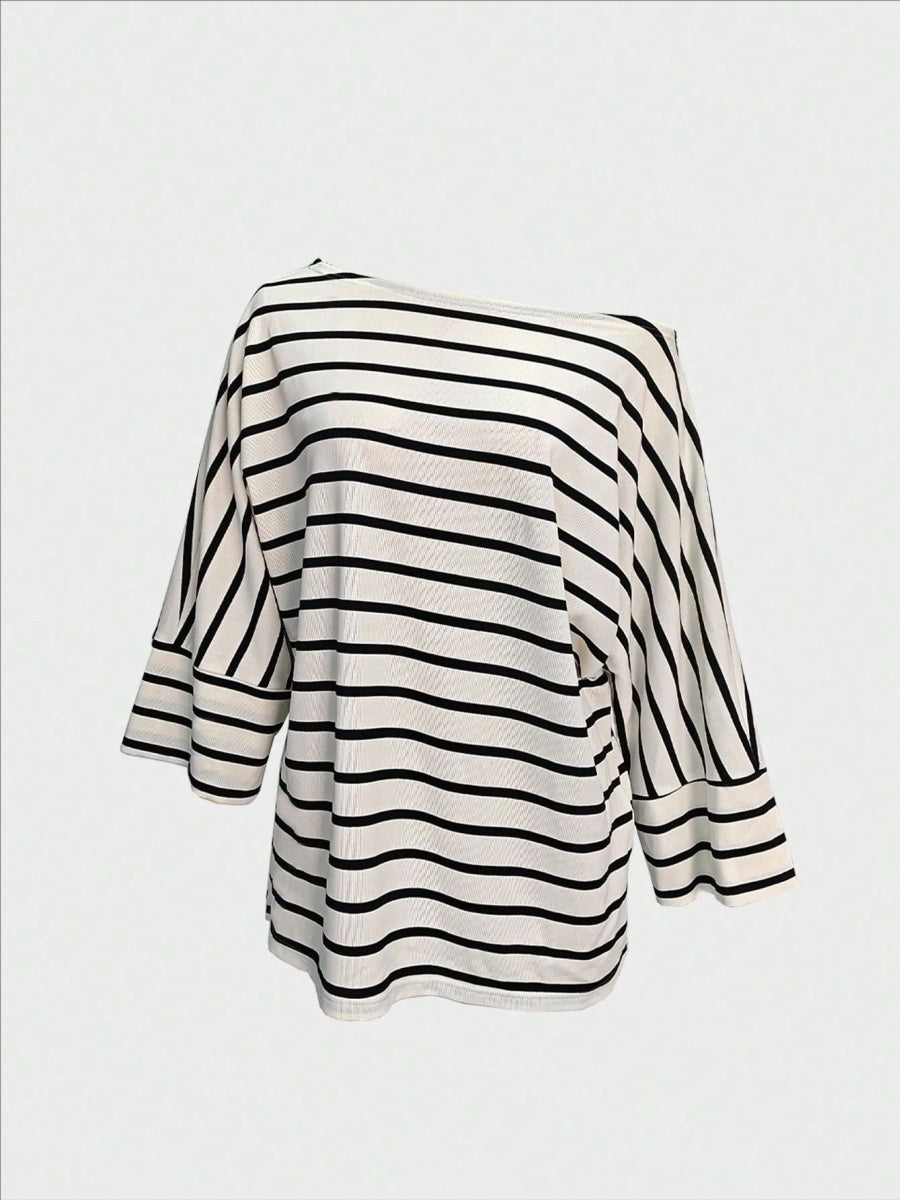 Off-shoulder Sloping Shoulders Loose-fit Stripes Commuting T-shirts
