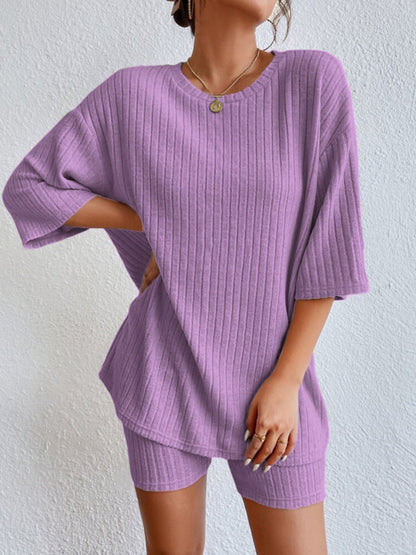 Piping Crew Neck Loose T-shirt And Shorts 2-piece Sets