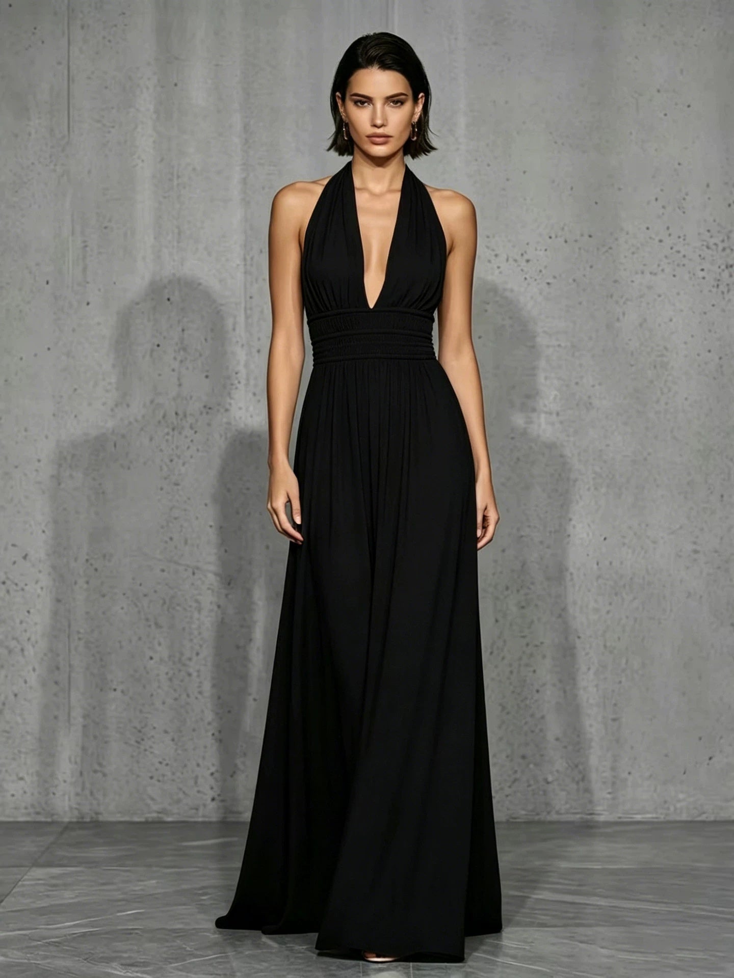 Off-shoulder And Backless Solid Color Halter Neck Long Dress