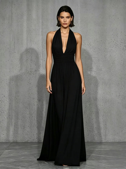 Off-shoulder And Backless Solid Color Halter Neck Long Dress