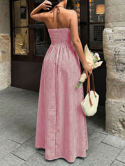 Stripes Color-blocked Splicing V-neck Hollow Maxi Dresses