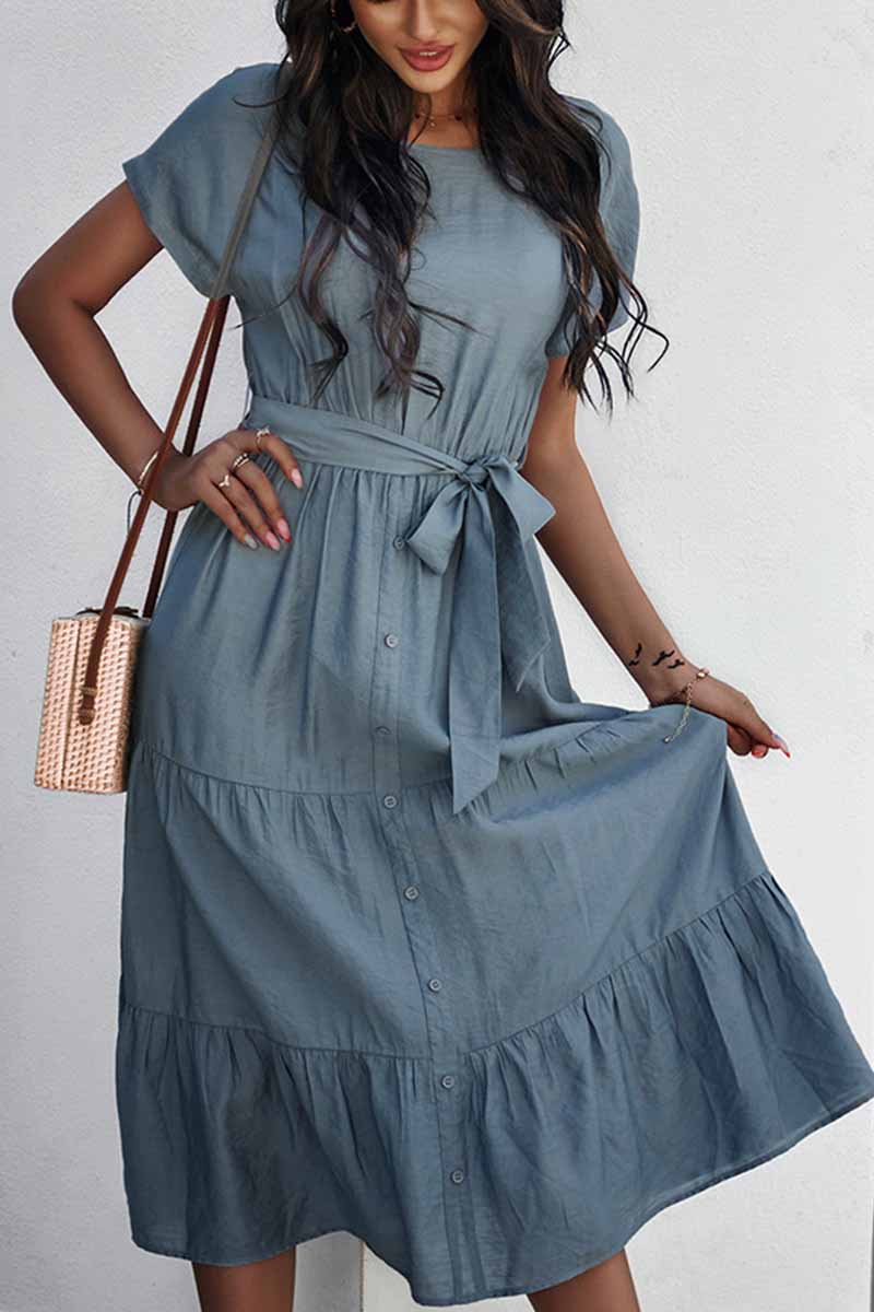 Button-Front Tie-Waist Tiered Short Sleeve Midi Shirt Dress