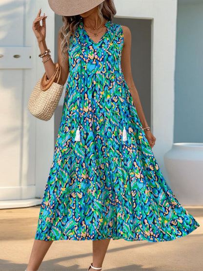 Printed Tassel V-neck Sleeveless Maxi Dresses